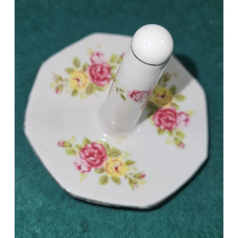 Vintage Ring Holder Dish Trinket Bone China Pink Roses Yellow Flowers